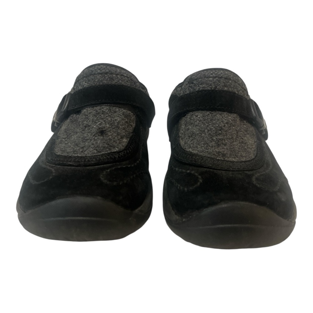 MERRELL QFORM MOC AIR CUSHION EU SZ 37.5 US SZ 7 BLACK SUEDE AND FELTED WOOL EUC